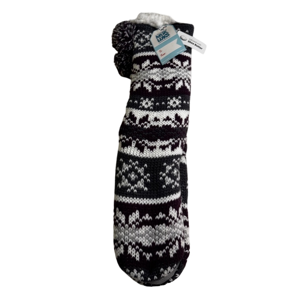 Muk Luks Women's One Size Fair Isle Cozy Slipper Socks Burgundy Gray Shea Butter - Picture 7 of 11